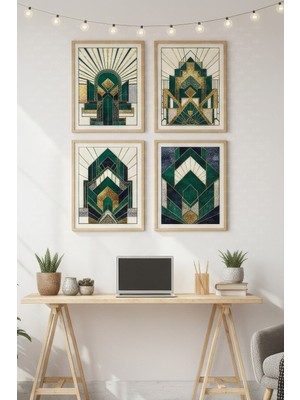 Tontilika Zümrüt Geometri 4’lü Ahşap Çerçeveli Tablo Seti - Art Deco Çalışma Alanı Dekoru