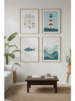 Tontilika Deniz Esintisi 4’lü Ahşap Çerçeveli Tablo Seti - Modern Oturma Odası Dekor