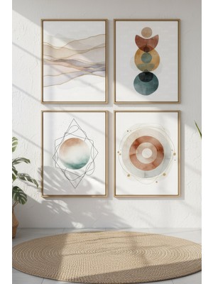 Tontilika Pastel Geometrik Formlar Dekoratif 4’lü Ahşap Çerçeveli Tablo Seti - Salon Dekoru