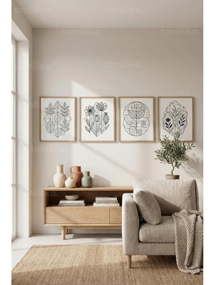 Tontilika Modern Sanat Esintili 4’lü Ahşap Çerçeveli Tablo Seti