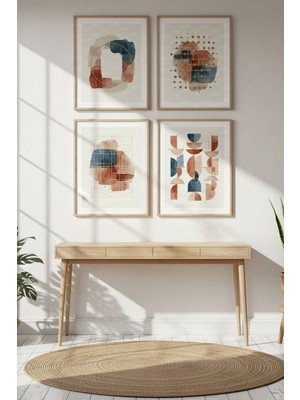 Tontilika Soyut Geometrik Formlar Dekoratif 4’lü Ahşap Çerçeveli Tablo Seti - Salon Dekoru