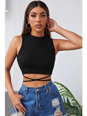 Modenya Kadın Siyah Çapraz Bağlamalı Crop Top Büstiyer