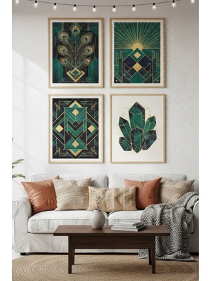 Tontilika Zümrüt ve Altın 4’lü Ahşap Çerçeveli Tablo Seti - Art Deco Salon Dekoru