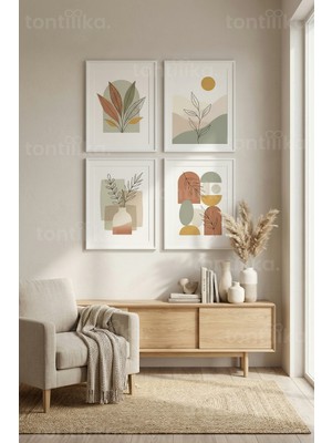 Tontilika Huzur Veren Soyut Sanat 4’lü Ahşap Çerçeveli Tablo Seti