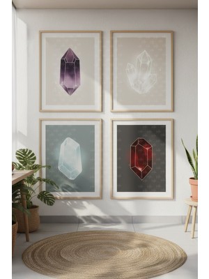 Tontilika Kristal Formları Dekoratif 4’lü Ahşap Çerçeveli Tablo Seti - Antre Dekor