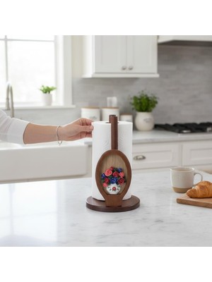 Elifeshop Vazo Çiçek Figürlü Ahşap Kağıt Havluluk Dekoratif Mutfak Tezgah Üstü Havlu Tutucu 25 cm Peçetelik 2