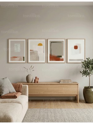 Tontilika Modern Soyut Geometrik Formlar 4’lü Ahşap Çerçeveli Tablo Seti
