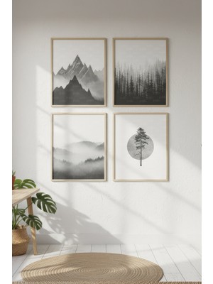 Tontilika Siyah Beyaz Dağ ve Orman Siluetleri Dekoratif 4’lü Ahşap Çerçeveli Tablo Seti - Salon Dekor