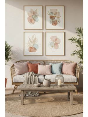 Tontilika Pastel Formlar 4’lü Dekoratif Ahşap Çerçeveli Tablo Seti – Soyut Tema Dekor