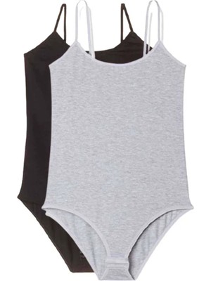 Die Grup 2 Adet Ip Askılı Kadın Çıtçıtlı Body Siyah ve Gri