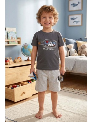 Gri Mor Tekstil Erkek Çocuk Pamuklu T-Shirt Şort Takım