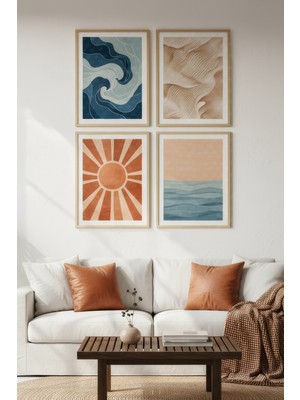 Tontilika Güneş ve Dalga Formları Dekoratif 4’lü Ahşap Çerçeveli Tablo Seti - Oturma Odası Dekor