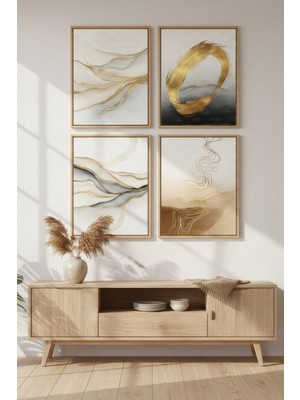 Tontilika Altın Dalgalar Dekoratif 4’lü Ahşap Çerçeveli Tablo Seti - Modern Salon Dekoru
