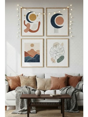 Tontilika Ay ve Doğa Formları 4’lü Ahşap Çerçeveli Tablo Seti - Modern Salon Dekoru
