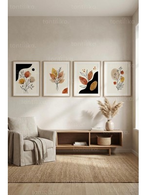 Tontilika Modern Soyut Bitki Desenleri 4’lü Ahşap Çerçeveli Tablo Seti