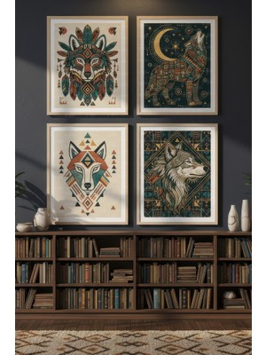 Tontilika Etnik Kurt Illüstrasyonları 4’lü Dekoratif Ahşap Çerçeveli Tablo Seti – Illüstrasyon Tema