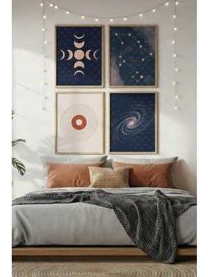Tontilika Kozmik Evren 4’lü Ahşap Çerçeveli Tablo Seti - Modern Yatak Odası Dekoru