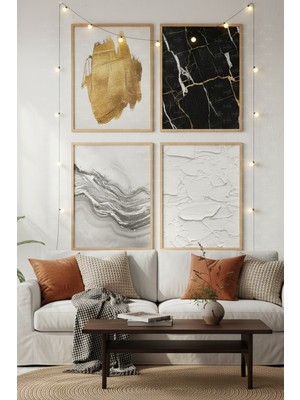 Tontilika Altın Dokunuş 4’lü Ahşap Çerçeveli Tablo Seti - Modern Oturma Odası Dekor