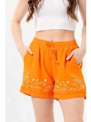 Eliş Şile Bezi Beli Lastikli Cunda Çift Cepli Yazlık Nakışlı Müslin Mini Şort Turuncu Trnc