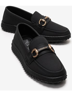 Ccway Kaydırmaz Kadın Tokalı Loafer Ayakkabı Siyah Kot