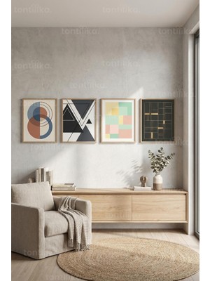 Tontilika Modern Geometrik Soyut Desenler 4’lü Ahşap Çerçeveli Tablo Seti