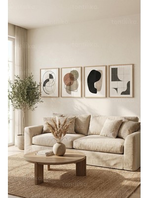 Tontilika Nötr Tonlarda Modern Soyut Geometrik Formlar 4’lü Ahşap Çerçeveli Tablo Seti