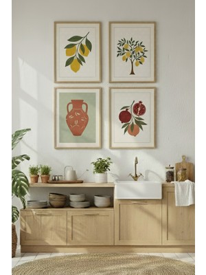 Tontilika Meyve ve Zeytin Motifleri Dekoratif 4’lü Ahşap Çerçeveli Tablo Seti - Mutfak Dekor