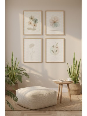Tontilika Pastel Çiçek Formları 4’lü Dekoratif Ahşap Çerçeveli Tablo Seti – Doğal Tema Dekor