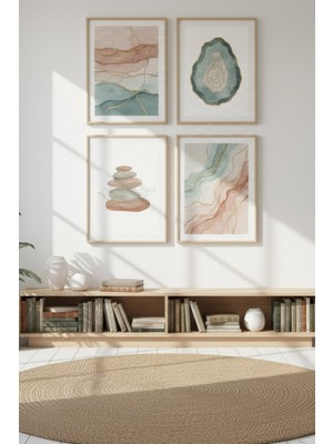 Tontilika Doğal Taş Formları 4’lü Dekoratif Ahşap Çerçeveli Tablo Seti – Doğal Tema Dekor