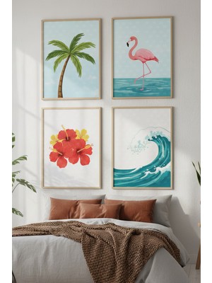 Tontilika Tropikal Flamingo ve Dalga Dekoratif 4’lü Ahşap Çerçeveli Tablo Seti - Yatak Odası Dekor