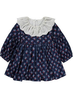 Obelia Dantel Yaka Kolları Lastikli 2-5 Yaş Elbise - Lacivert