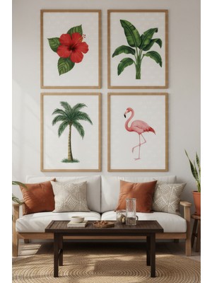 Tontilika Tropik Esinti 4’lü Ahşap Çerçeveli Tablo Seti - Oturma Odası Dekor