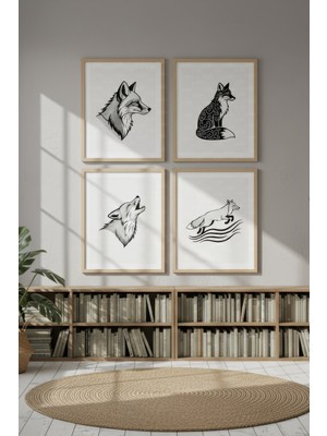 Tontilika Kurt Çizimleri 4’lü Dekoratif Ahşap Çerçeveli Tablo Seti – Minimal Tema