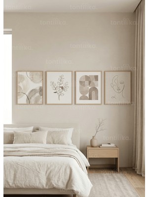 Tontilika Sakin Nötr Botanik Soyut Sanat 4’lü Ahşap Çerçeveli Tablo Seti