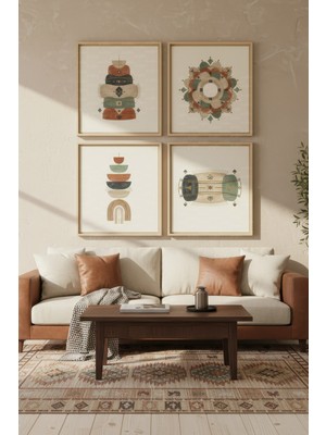 Tontilika Etnik Şekiller 4’lü Dekoratif Ahşap Çerçeveli Tablo Seti – Etnik Tema Dekor