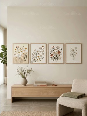 Tontilika Huzurlu Kır Çiçekleri 4’lü Ahşap Çerçeveli Tablo Seti