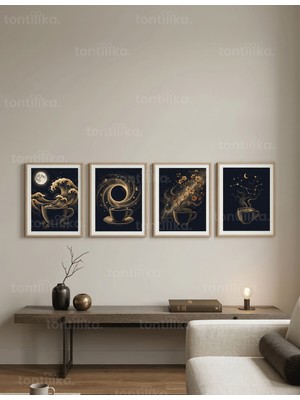 Tontilika Evrensel Kahve Teması 4’lü Ahşap Çerçeveli Tablo Seti