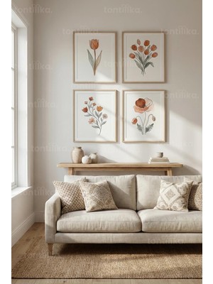 Tontilika Modern Bohem Botanik Çiçek Çizimli 4’lü Ahşap Çerçeveli Tablo Seti