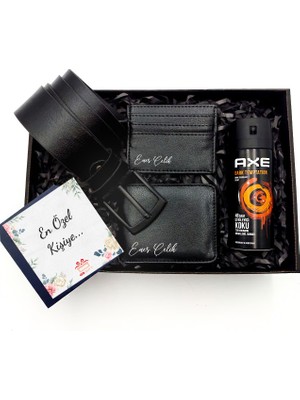 As Gift Kişiye Özel Siyah Cüzdan & Kartlık & Kemer & Axe Deodorant Hediye Seti