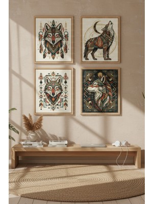 Tontilika Etnik Kurt Illüstrasyonları 4’lü Dekoratif Ahşap Çerçeveli Tablo Seti – Illüstrasyon Tema