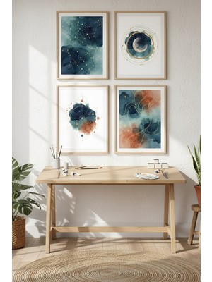 Tontilika Kozmik Izler 4’lü Dekoratif Ahşap Çerçeveli Tablo Seti – Uzay Tema Dekor