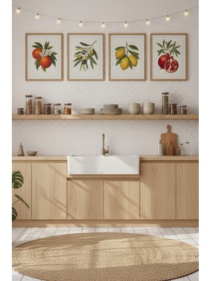 Tontilika Meyve ve Zeytin 4’lü Ahşap Çerçeveli Tablo Seti - Rustik Mutfak Dekoru