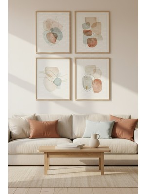 Tontilika Pastel Soyut Formlar 4’lü Dekoratif Ahşap Çerçeveli Tablo Seti – Soyut Tema Dekor