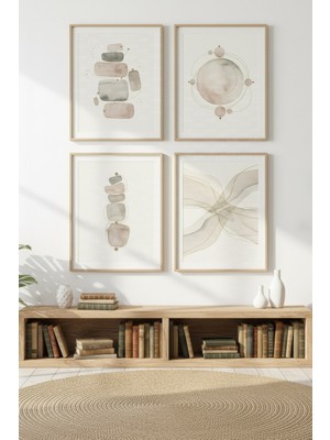 Tontilika Zen Taş Formları 4’lü Dekoratif Ahşap Çerçeveli Tablo Seti – Soyut Tema Dekor