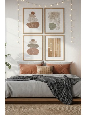 Tontilika Zen Denge Taşları 4’lü Ahşap Çerçeveli Tablo Seti - Minimalist Yatak Odası Dekoru