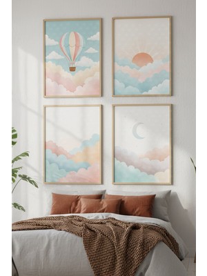 Tontilika Bulutlar ve Balonlar Dekoratif 4’lü Ahşap Çerçeveli Tablo Seti - Çocuk Odası Dekor