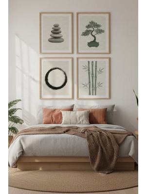 Tontilika Zen Doğa Temalı Dekoratif 4’lü Ahşap Çerçeveli Tablo Seti - Yatak Odası Dekor