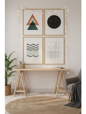 Tontilika Minimal Geometrik 4’lü Ahşap Çerçeveli Tablo Seti - Modern Çalışma Odası Dekoru