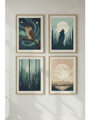 Tontilika Gece Ormanı 4’lü Ahşap Çerçeveli Tablo Seti - Yatak Odası Dekor