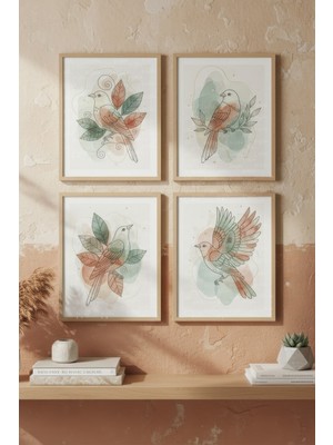 Tontilika Kuş Illüstrasyonları 4’lü Dekoratif Ahşap Çerçeveli Tablo Seti – Bitki & Çiçek Tema